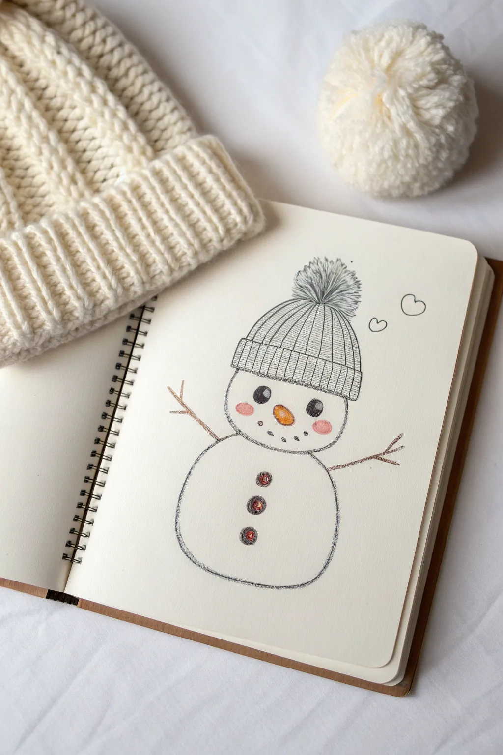 Draw a cozy snowman in a slouchy knit beanie with a fluffy pom-pom and soft yarn texture
