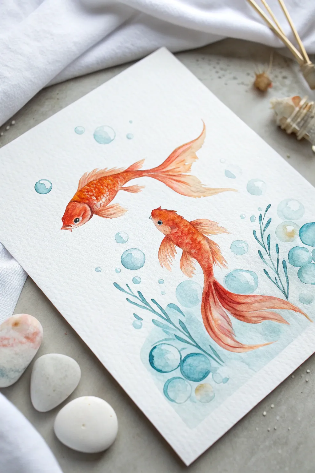 Tiny orange goldfish and airy bubble trails in soft watercolor, minimal and irresistibly cute.