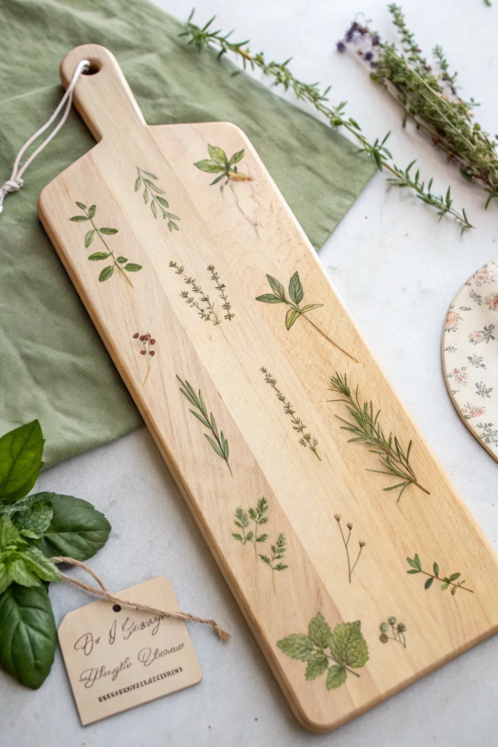 Herb sampler cutting board painted in earthy botanicals with minimalist label spaces and Nordic calm.