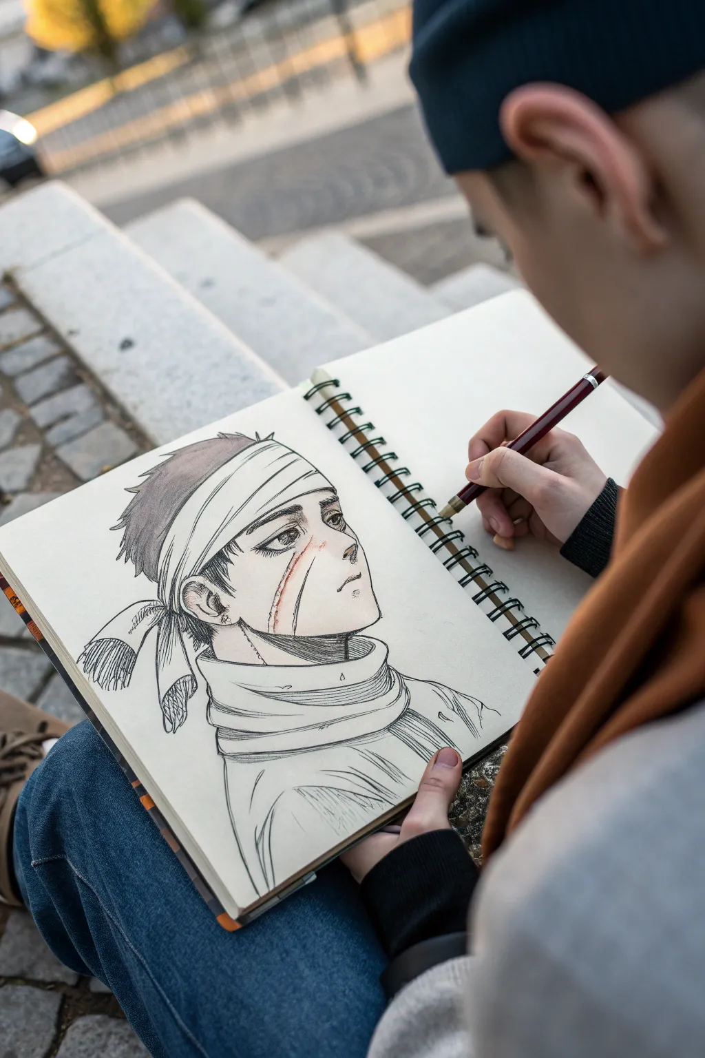 Minimalist anime fighter portrait with bandages and quiet bruises, moody contrast, calm vibe