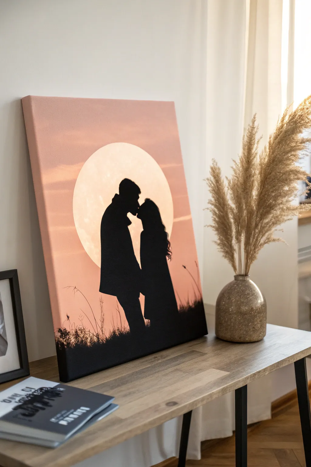 Kissing silhouette with a glowing halo backlight, a cozy minimalist date-night painting idea.