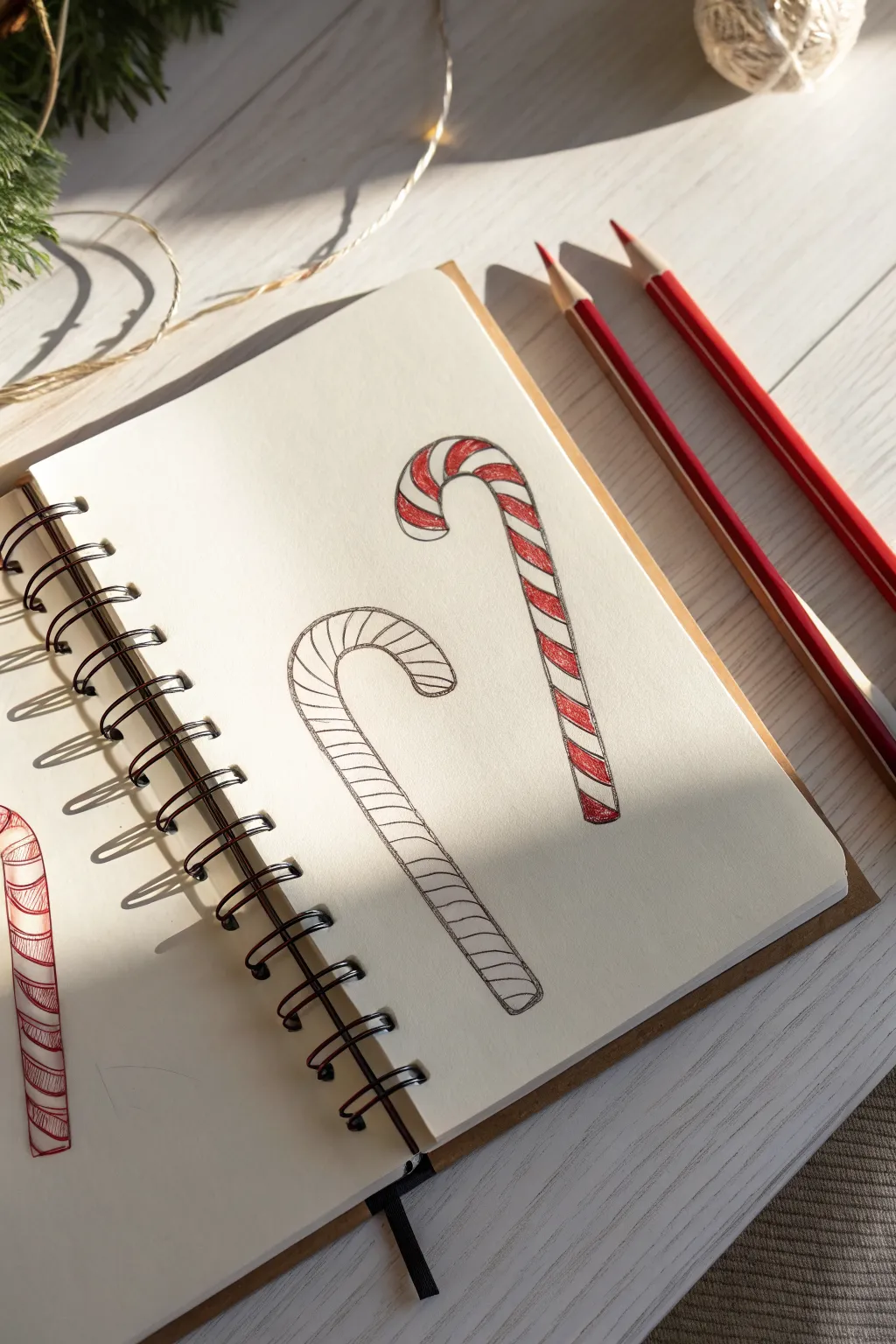 Practice candy cane stripe shading with clean curves and soft shadows for December drawing ideas.