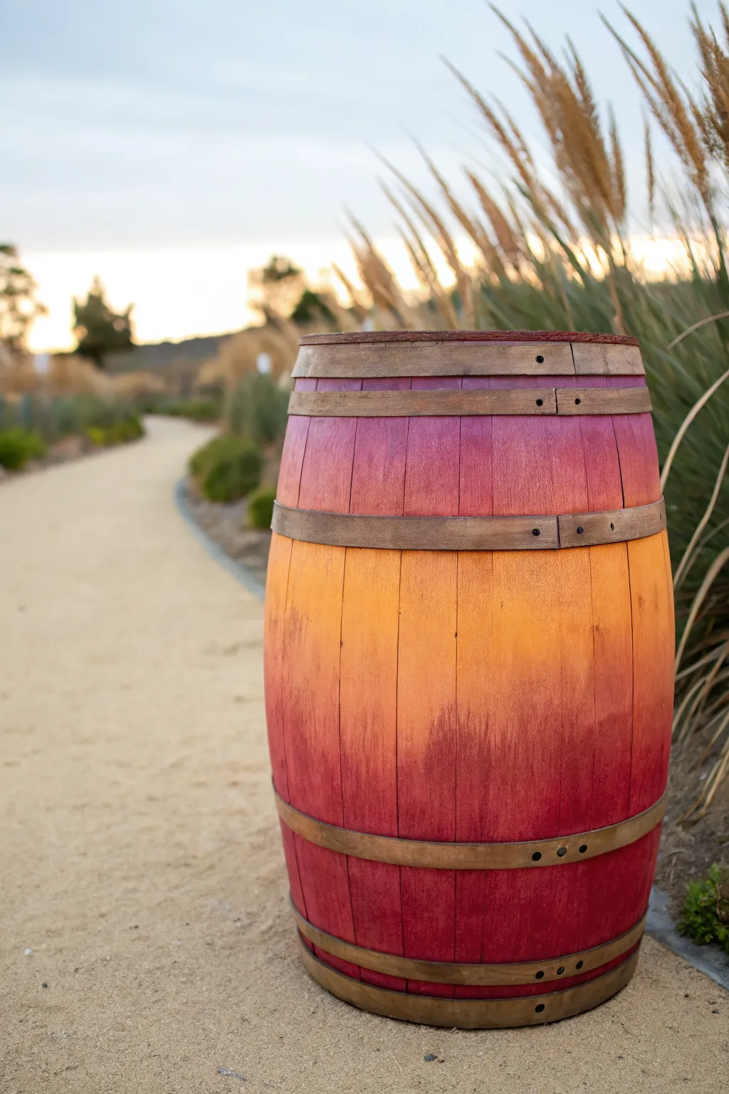 Minimal ombre barrel in coral to sunset yellow to dusk purple, glowing softly at golden hour