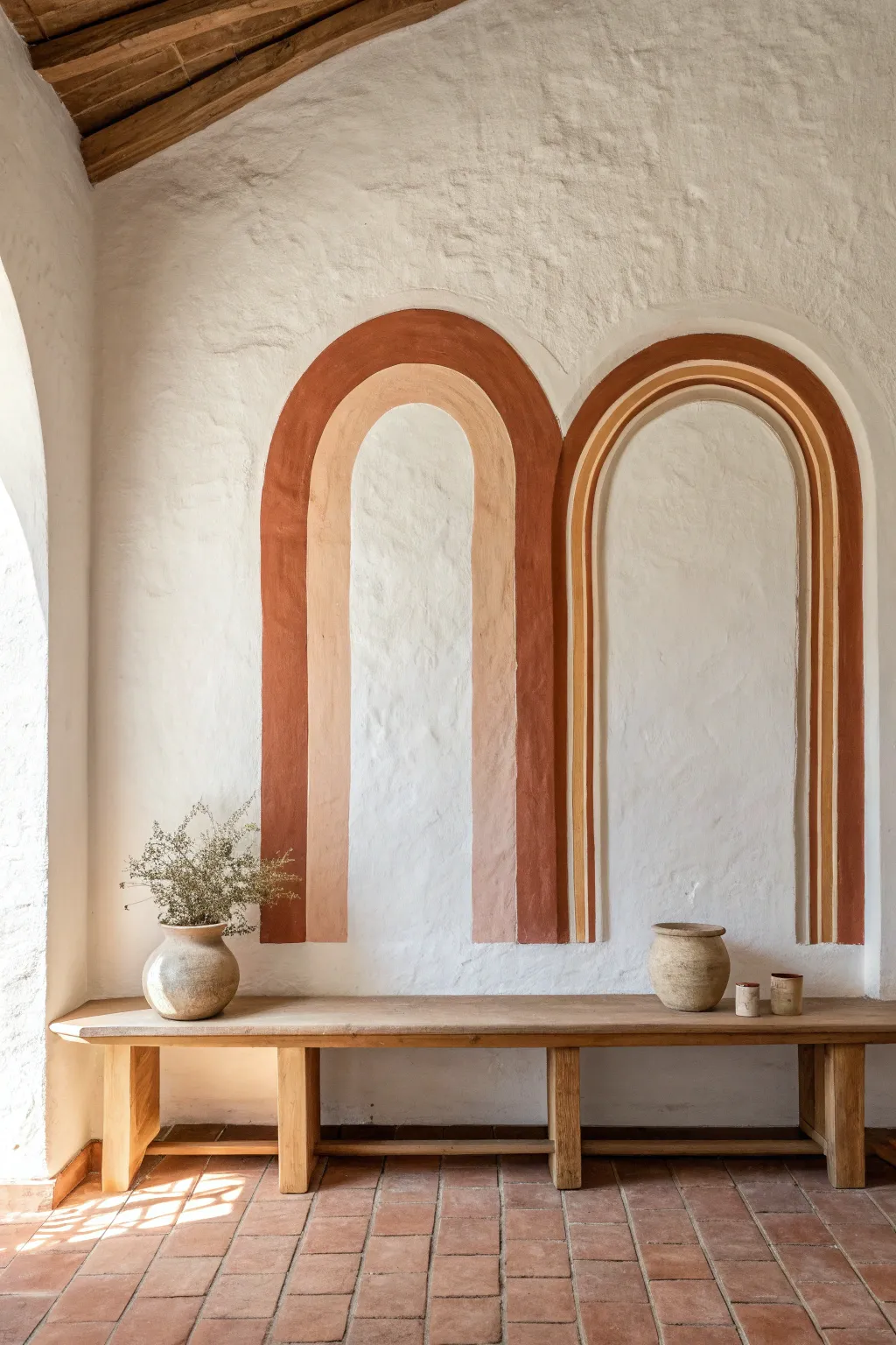 Warm painted arches behind a simple bench for an instant built in niche effect at home