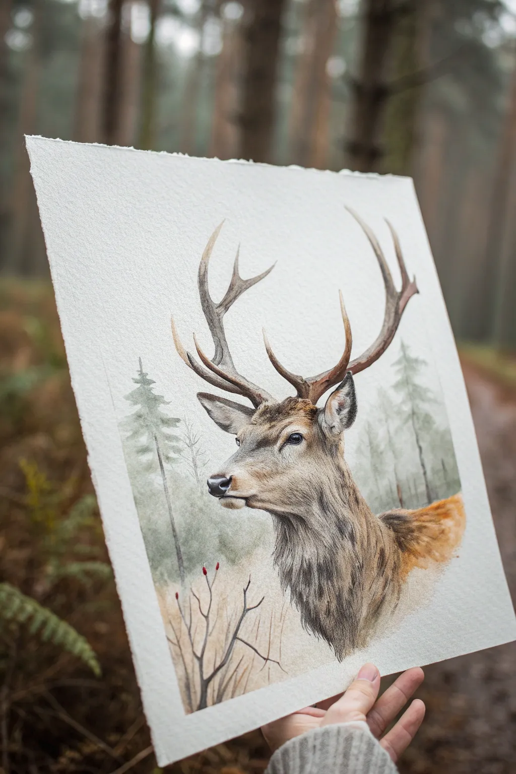 Minimalist buck portrait with bold antlers, soft forest blur, and crafted watercolor contrast