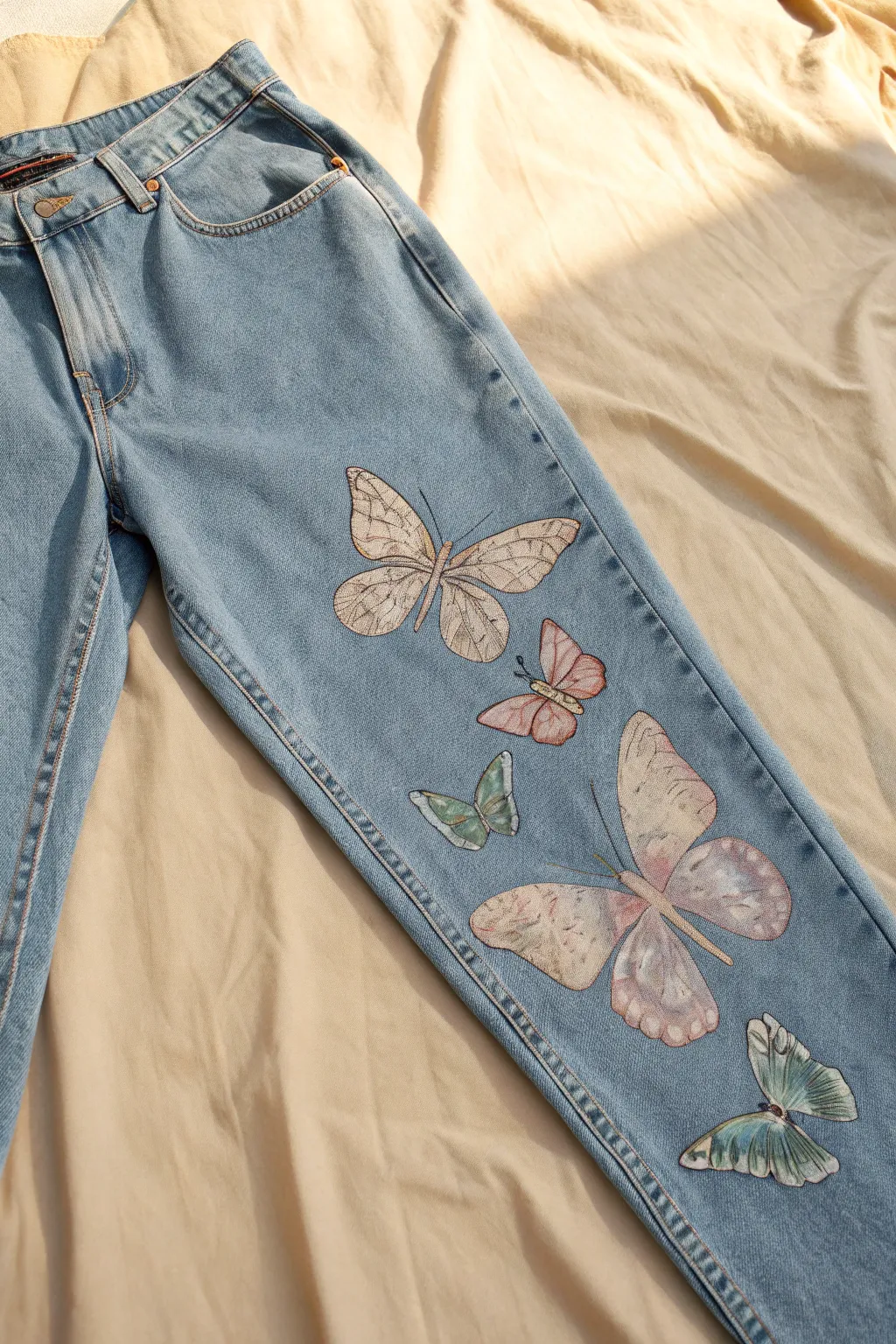 Soft painted butterflies drifting across denim for an easy, feminine thigh accent idea.