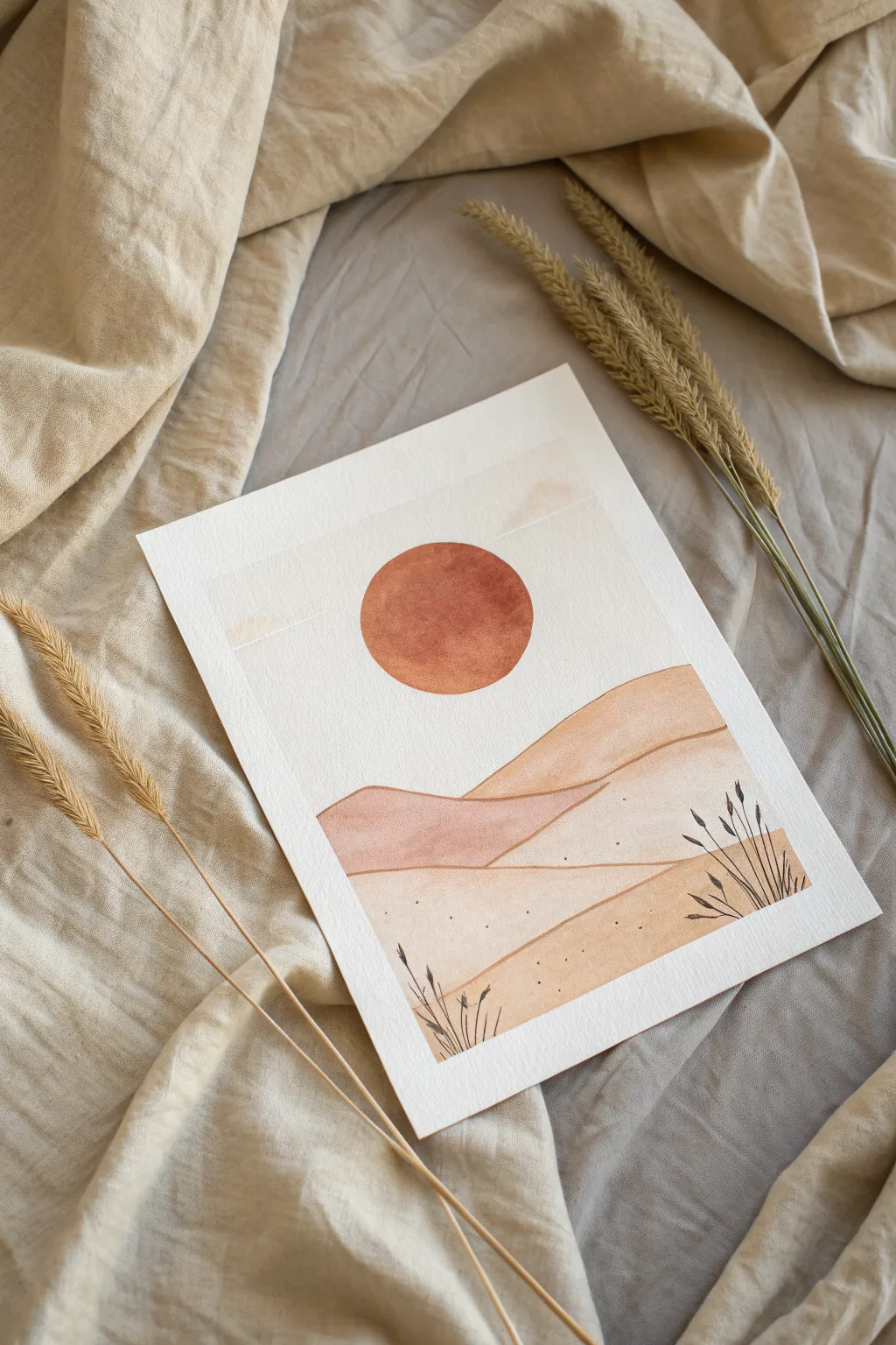 Easy desert painting idea: a bold sun disc kissing the horizon with two simple dunes.
