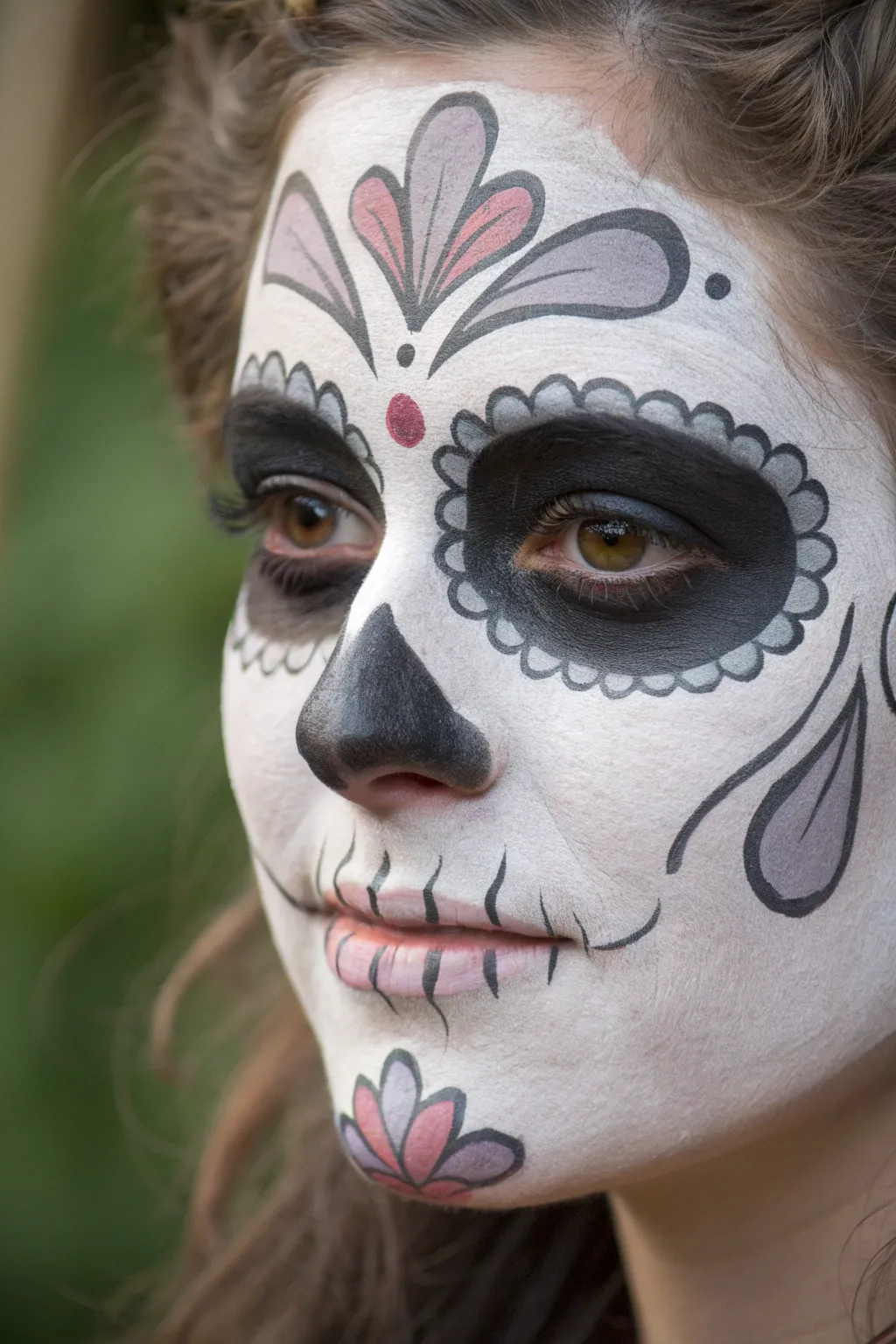 Petal eye sockets with soft blending for a clean, modern Día de los Muertos sugar skull look