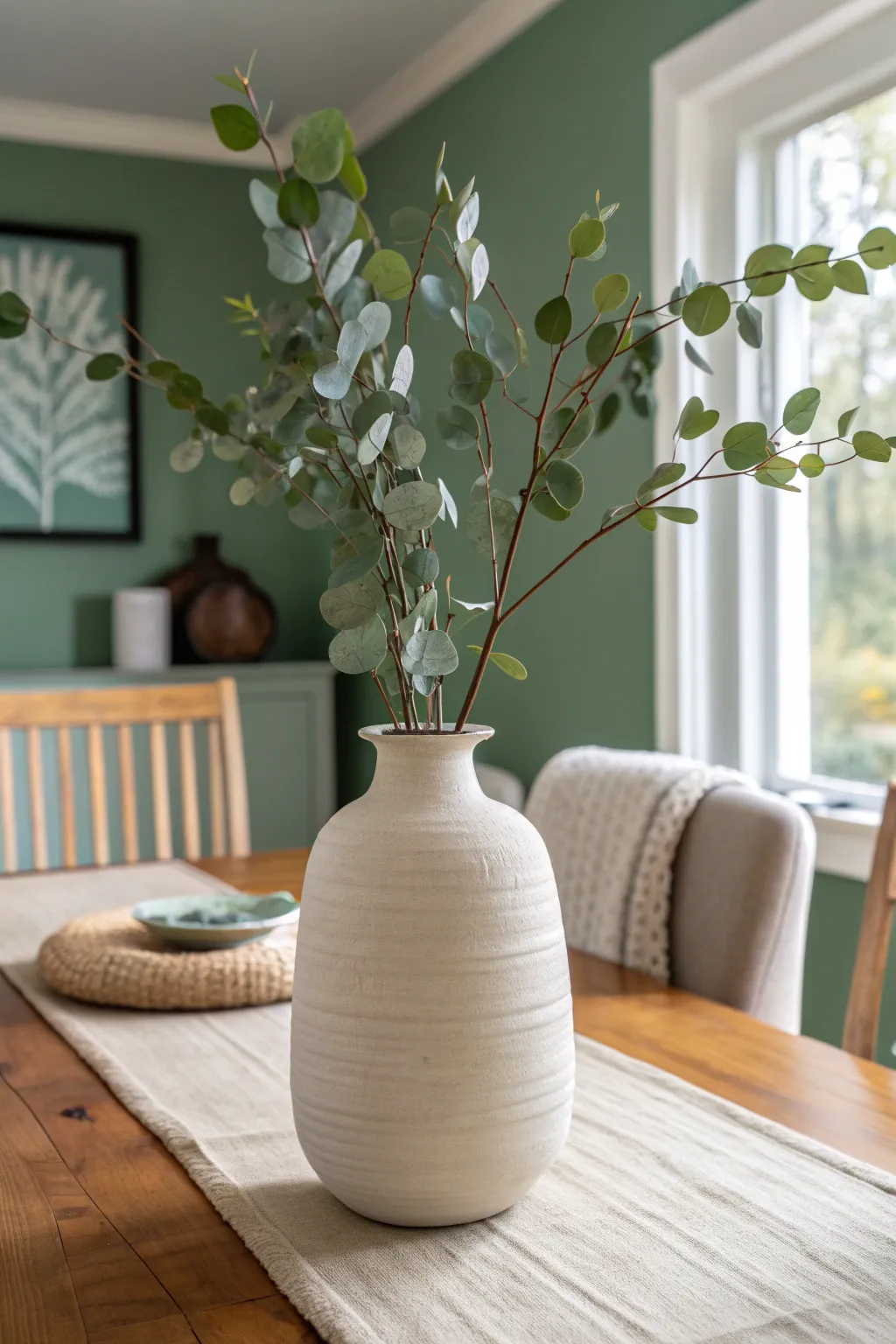 Calm sage green wall paint with a simple ceramic vase and greenery for fresh dining room style.