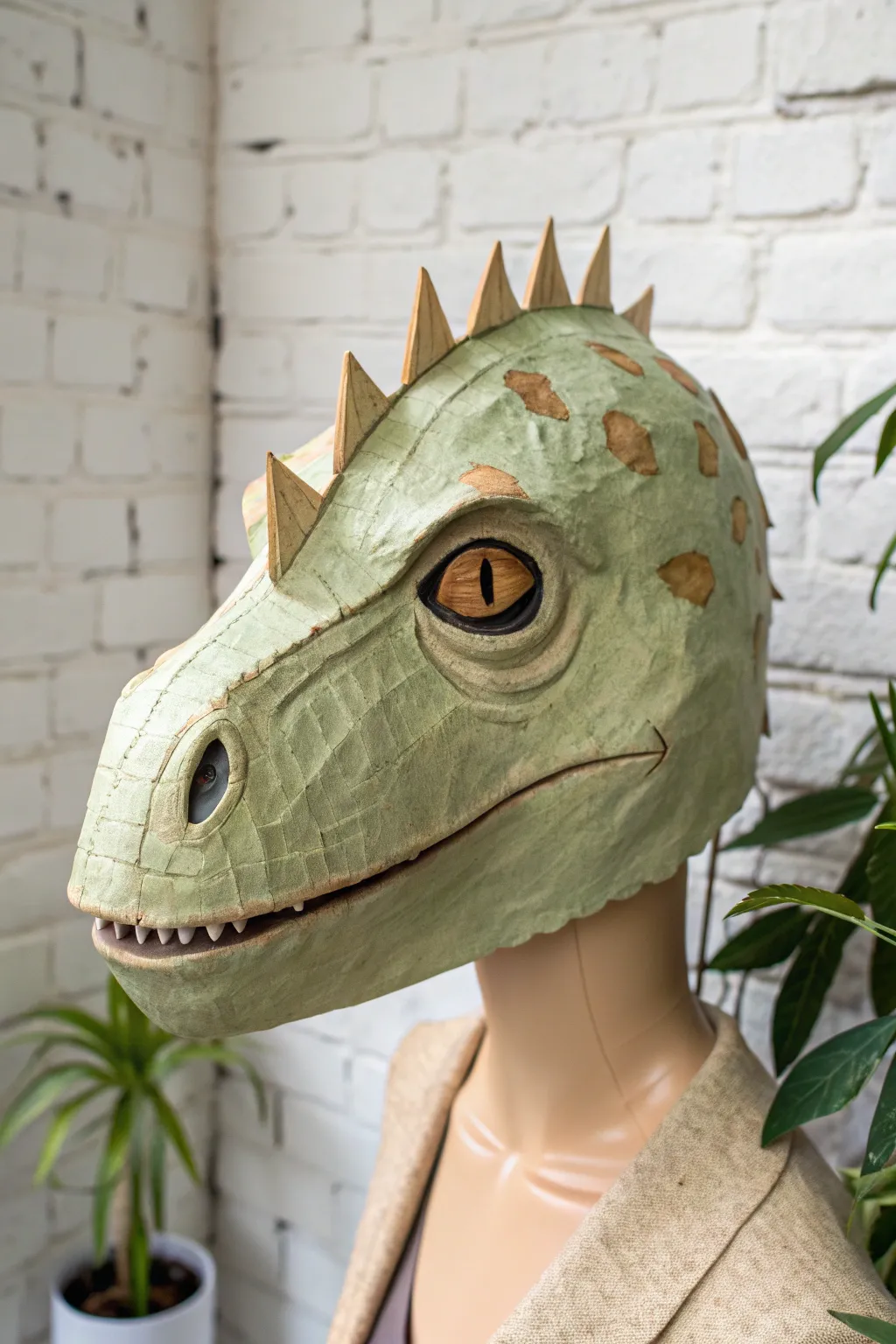 Follow-me eye illusion on a handmade dino mask, shown from two angles with consistent light