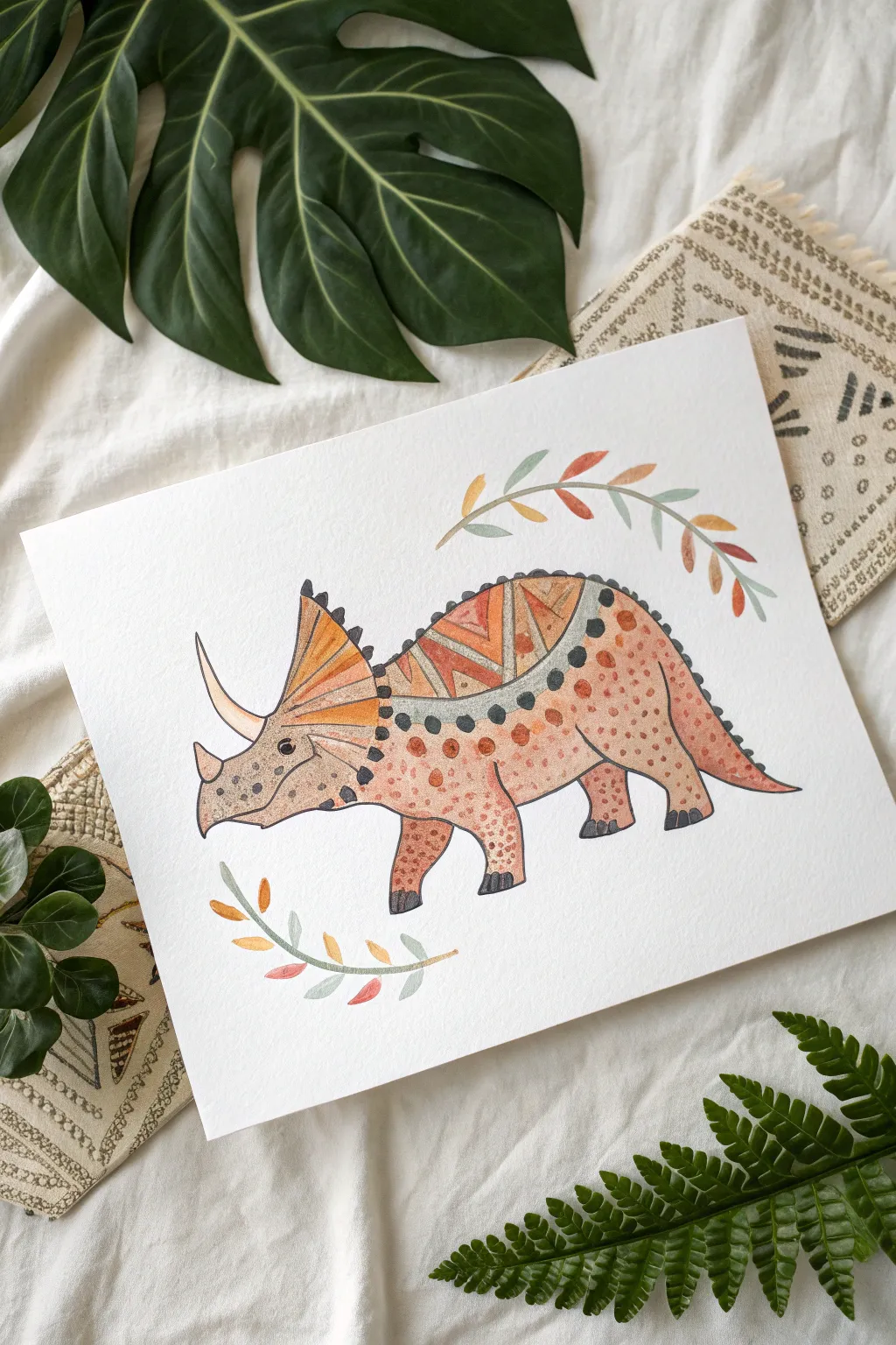 Paint a minimalist triceratops and fill the frill with bold dots, stripes, and triangles.