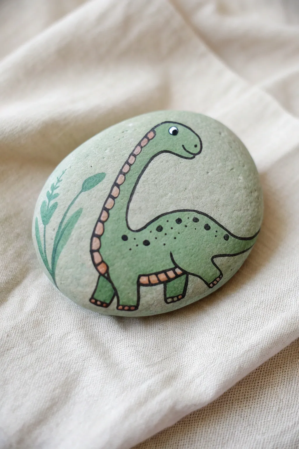 Long-neck dino hugs the rock edge, a simple Scandinavian-boho design anyone can paint.