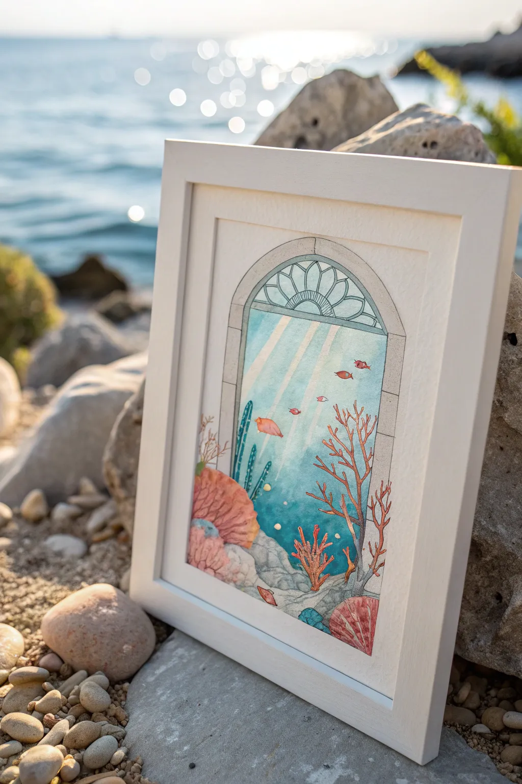 Underwater coral window painting idea with shimmery bubbles, teal and pink layers, and sunlit rays.