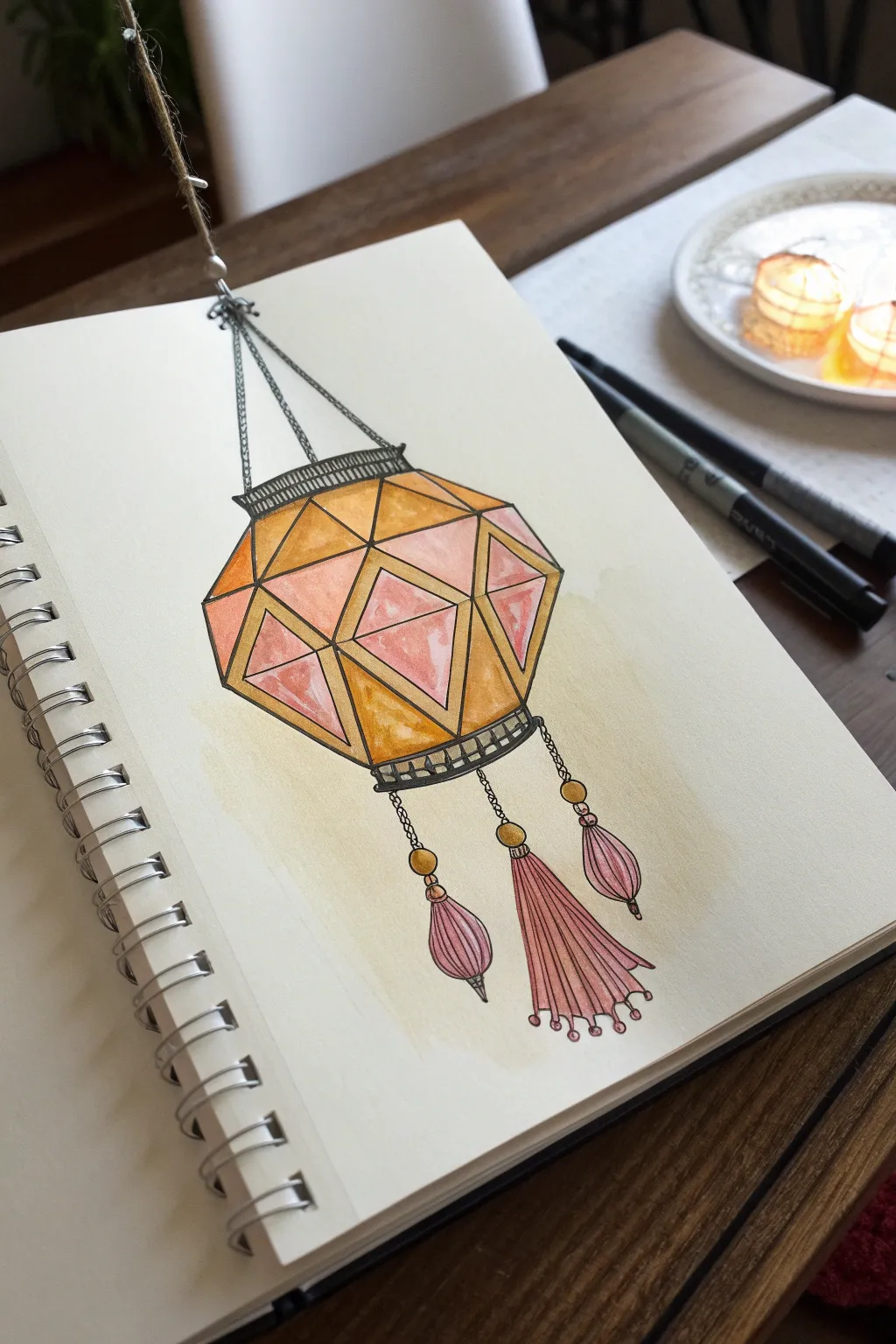 Hanging kandil lantern study with soft inner glow, simple facets, and tassel details