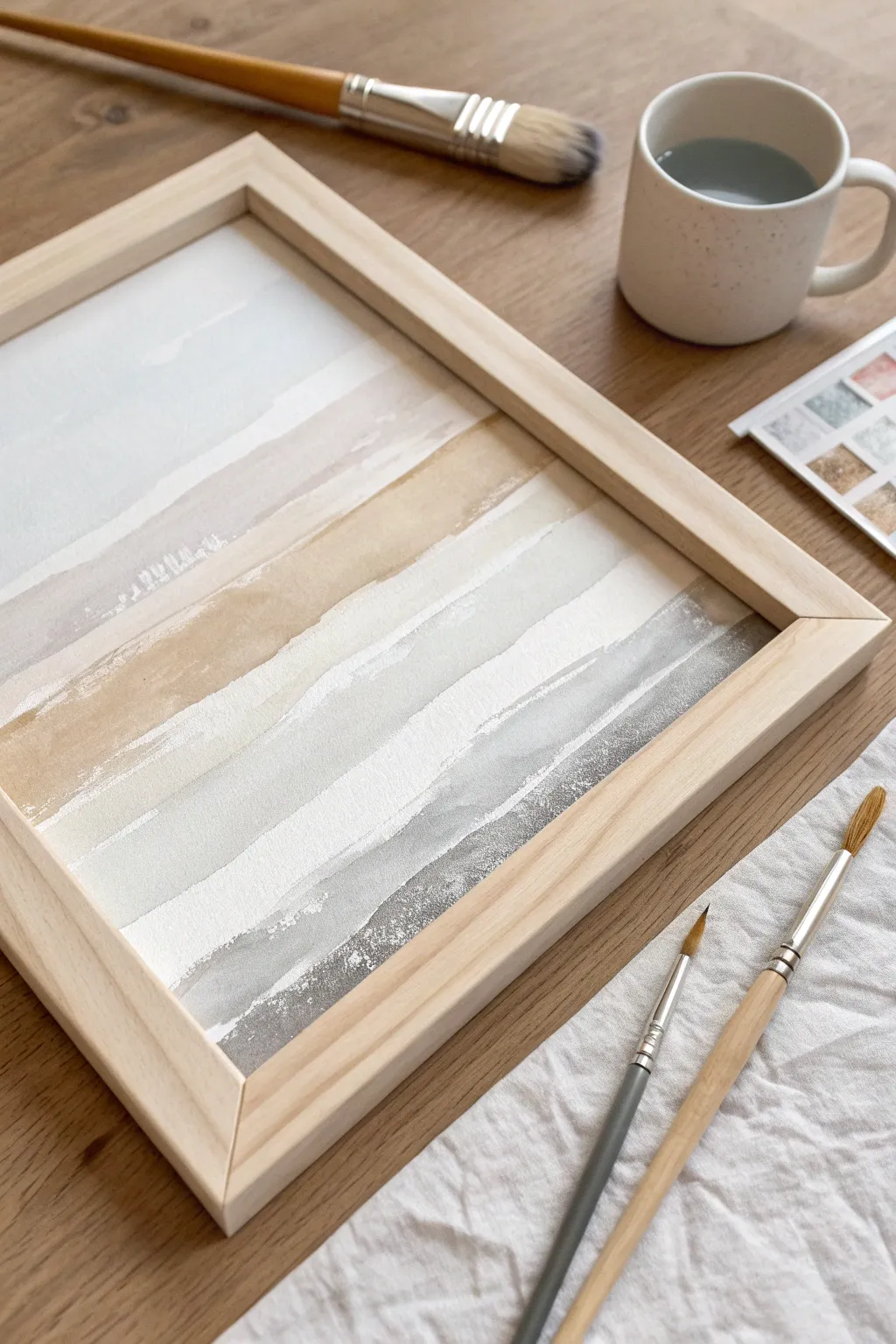 Soft neutral wash layers on canvas, an easy DIY abstract art idea for calm minimalist decor.
