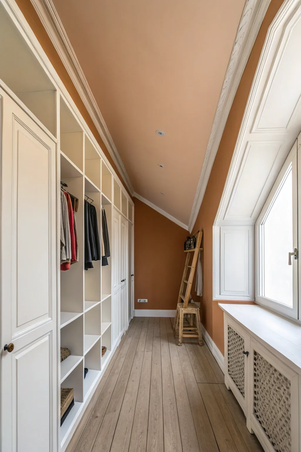 Match closet walls and ceiling for instant height, a simple DIY touch with tape and stool.