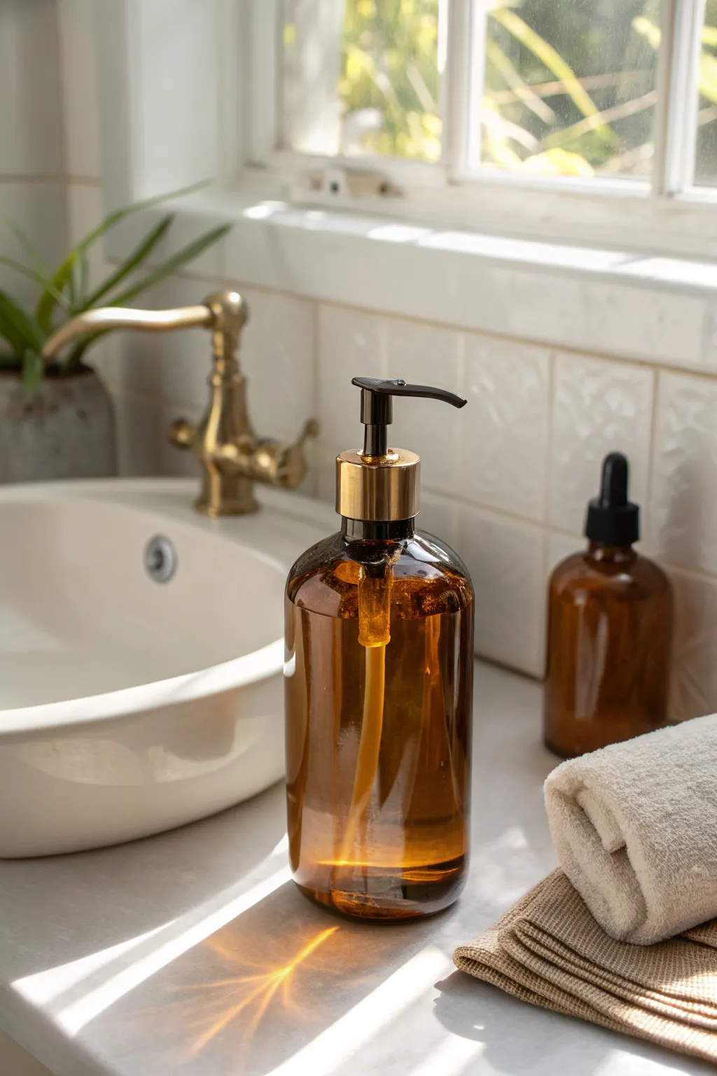 Refillable glass soap dispenser DIY swap for a calm, minimalist bathroom sink setup