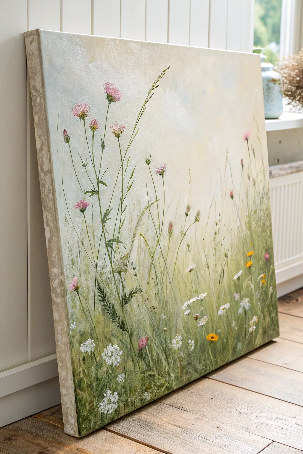 Loose wildflower meadow dabs with soft stems and dotted blooms in pink, white, and yellow