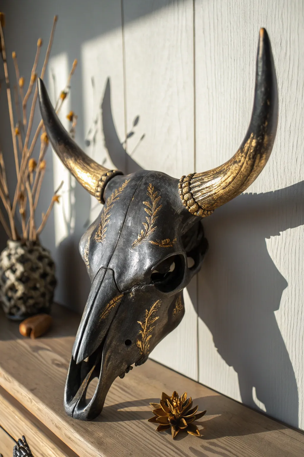 Matte black cow skull with subtle metallic highlights, minimalist boho drama for your DIY wall.