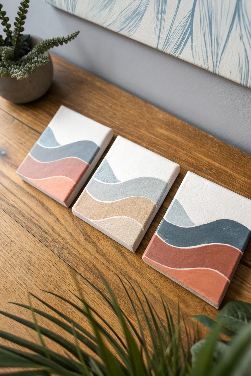 DIY mini canvas trio: simple abstract strokes in calming neutrals, styled for a cozy tabletop scene.