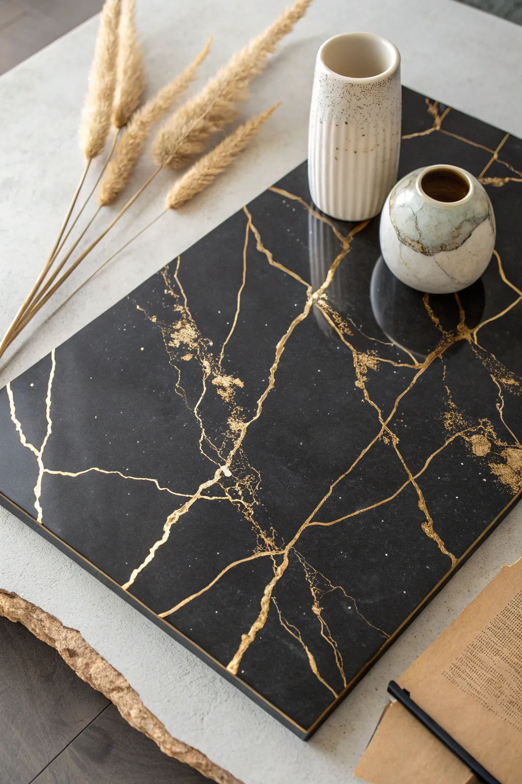 Smoky black resin with delicate gold veins for a moody, modern tabletop statement
