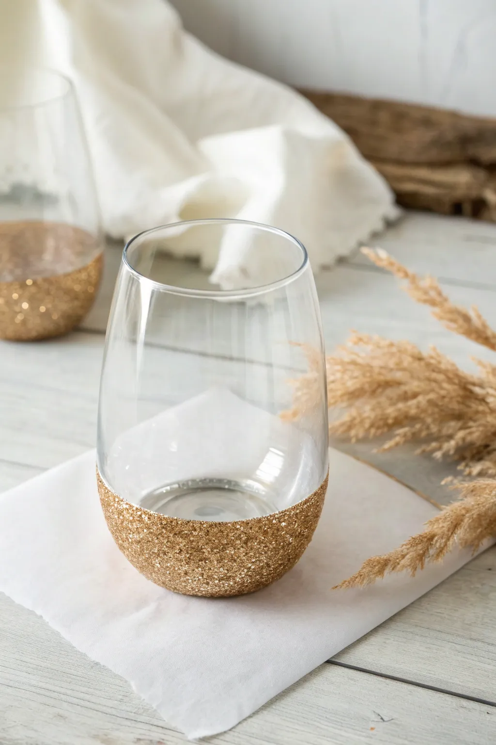 Glitter-dipped stemless glass drying upside down for a clean, modern DIY sparkle base