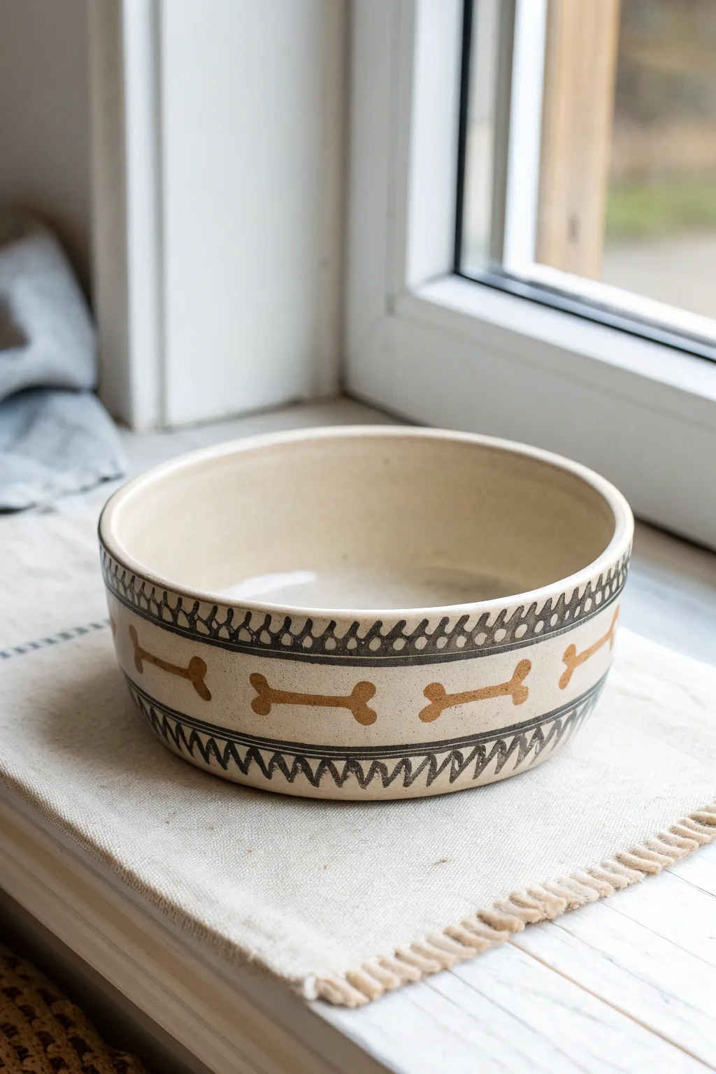 Playful bone motif around the rim makes this minimalist dog bowl pop in bold contrast.