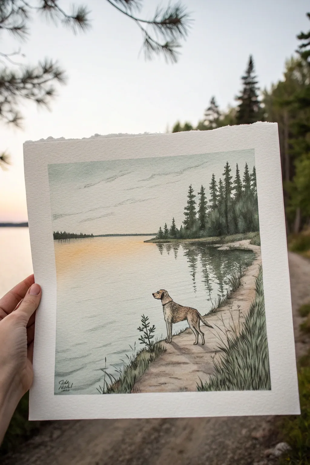 Minimalist Nordic-boho dog by the water, airy morning calm and strong contrast for painting ideas