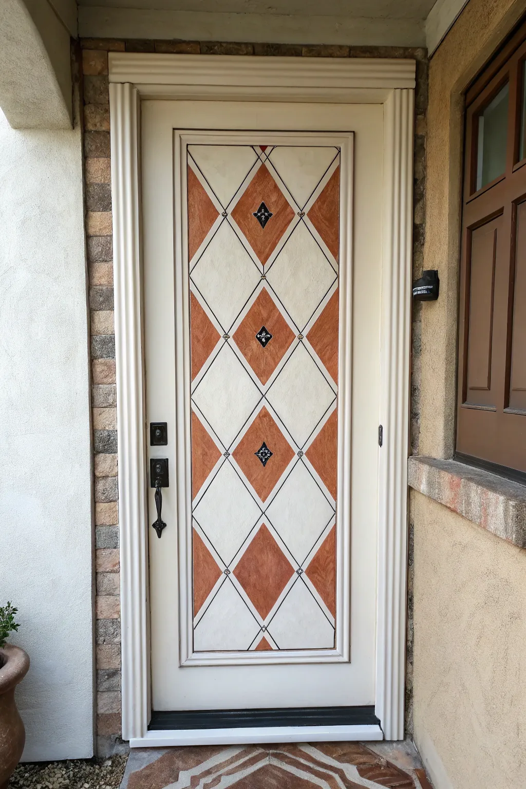 Harlequin diamonds aligned to each door panel for a crisp, handcrafted makeover in soft neutrals.