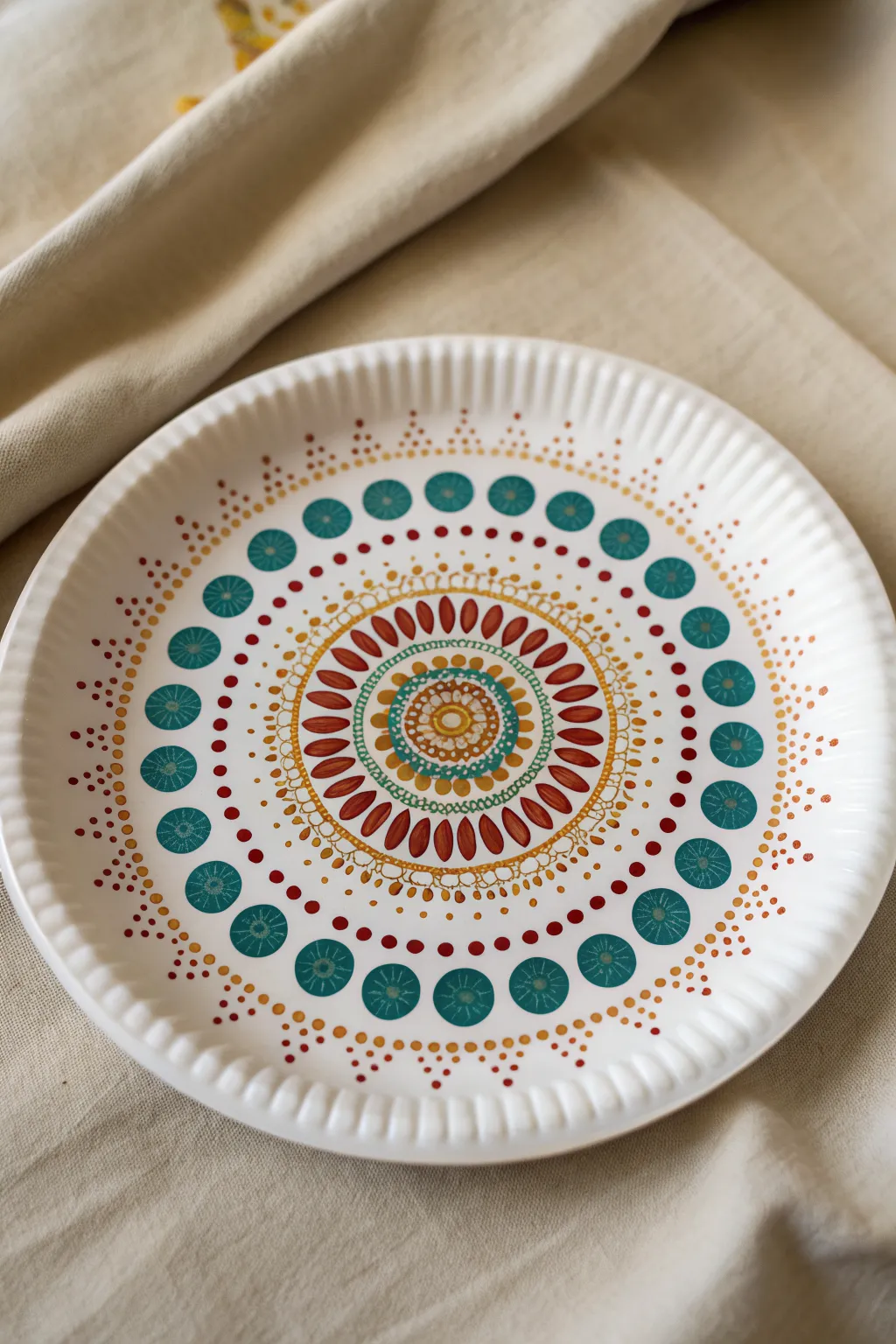 Paper plate dot mandala: simple concentric dots with bold contrast, perfect for kids crafts