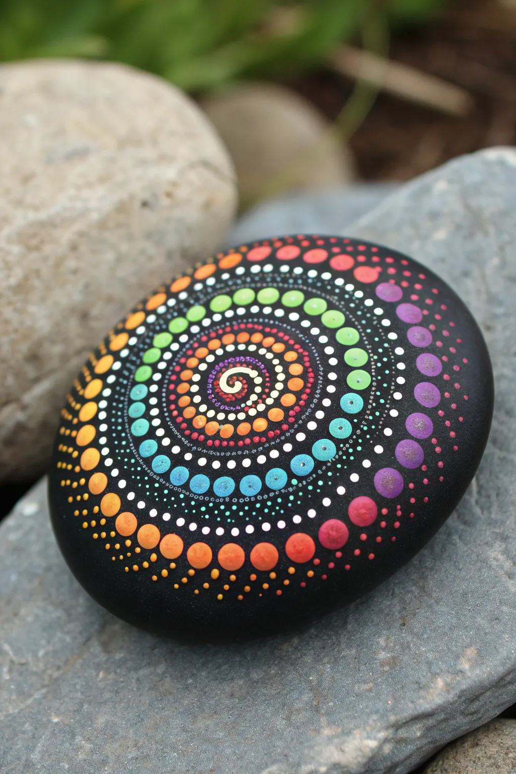 Rainbow spiral dot painting on a matte black rock, bold contrast with soft minimalist styling