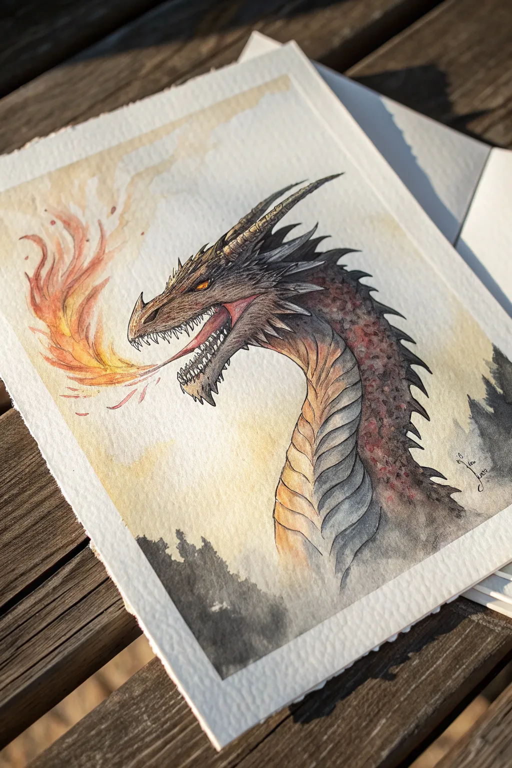 Backlit fire-breathing dragon: glowing flame highlights and deep shadows for striking contrast.