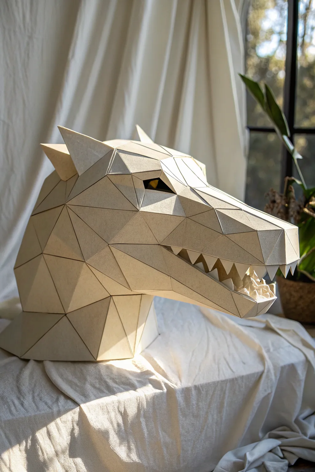 Sharp faceted snout base in clean side profile geometry for a fierce minimalist dragon puppet.