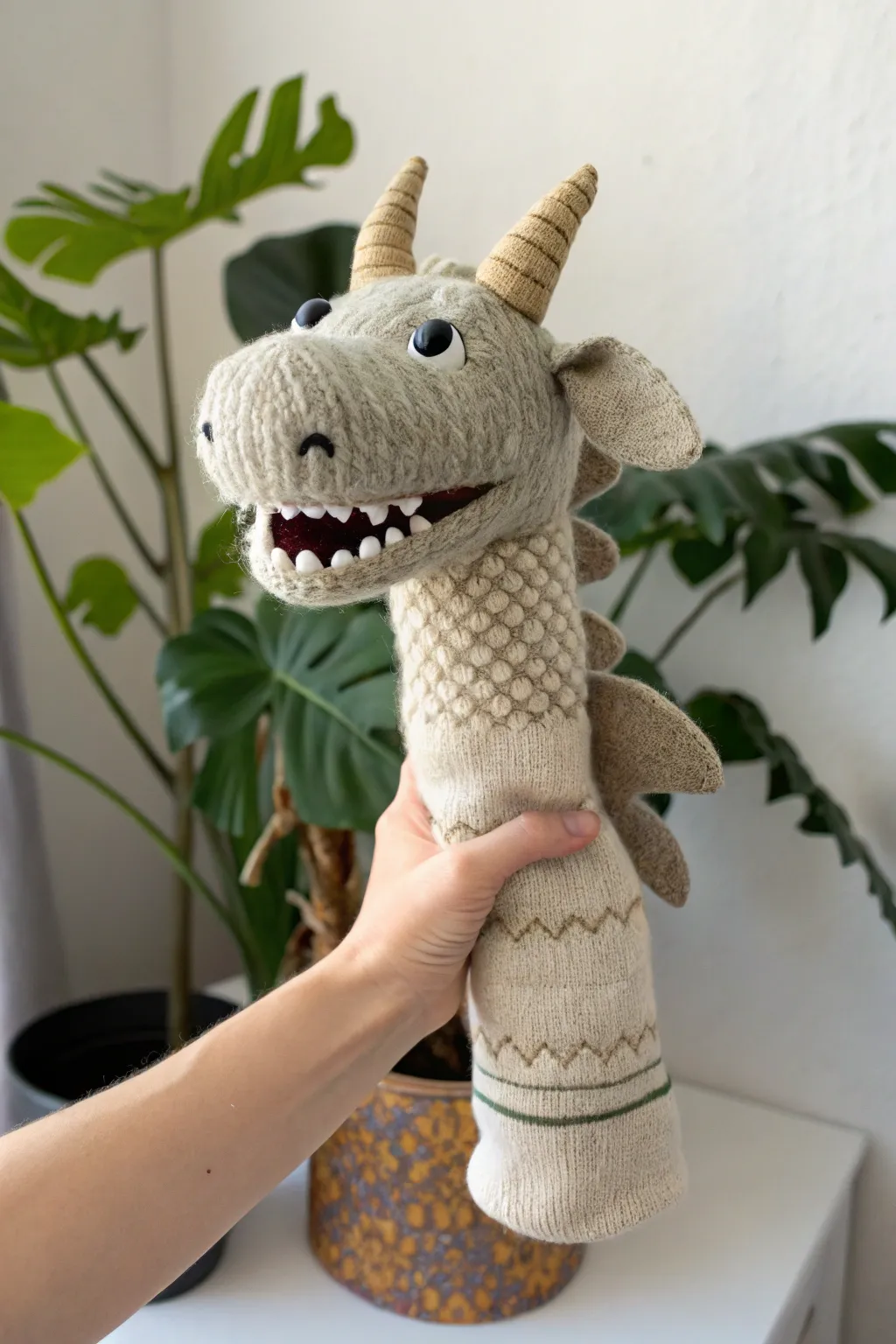 Cozy sock dragon puppet with fabric horns and felt teeth, minimalist neutral backdrop.