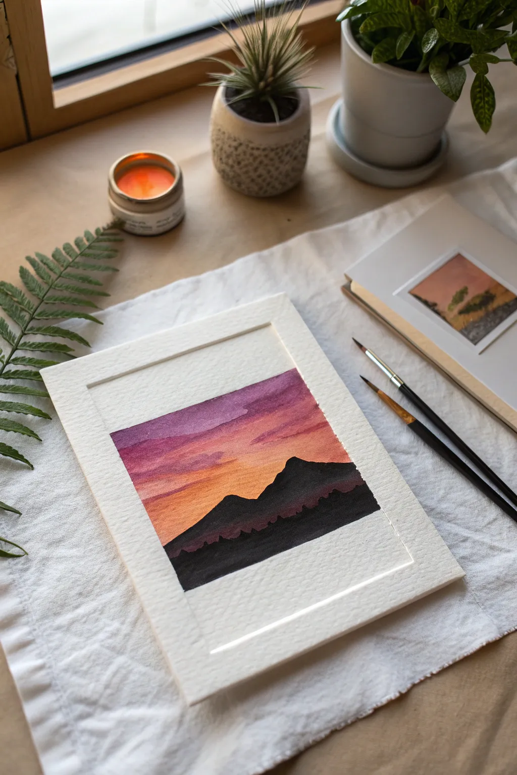 Bold mountain silhouette over a softly blended orange to purple sunset, simple and soothing to draw.