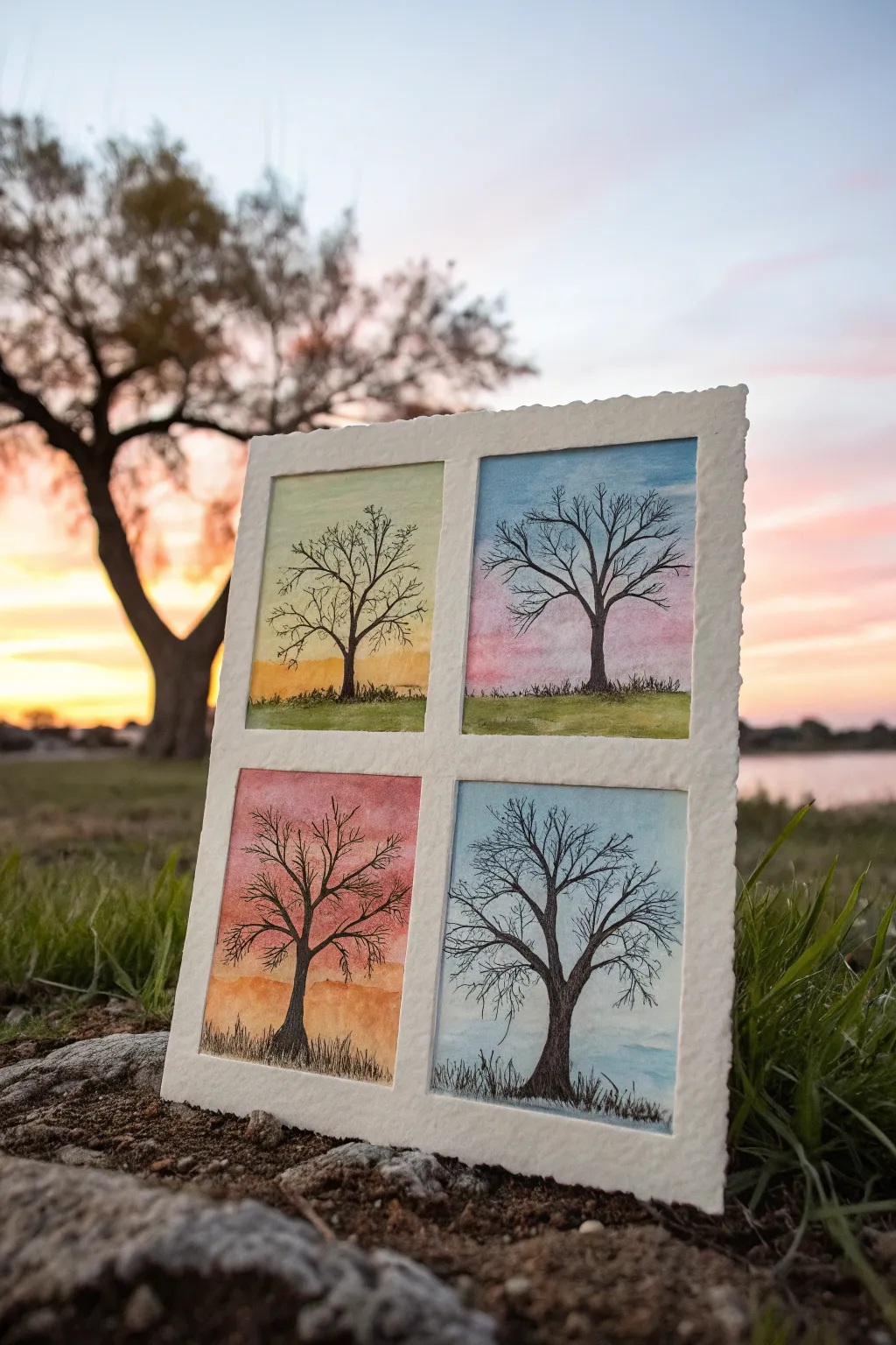 Silhouette tree split into four seasonal skies, a minimalist Scandinavian-boho painting idea