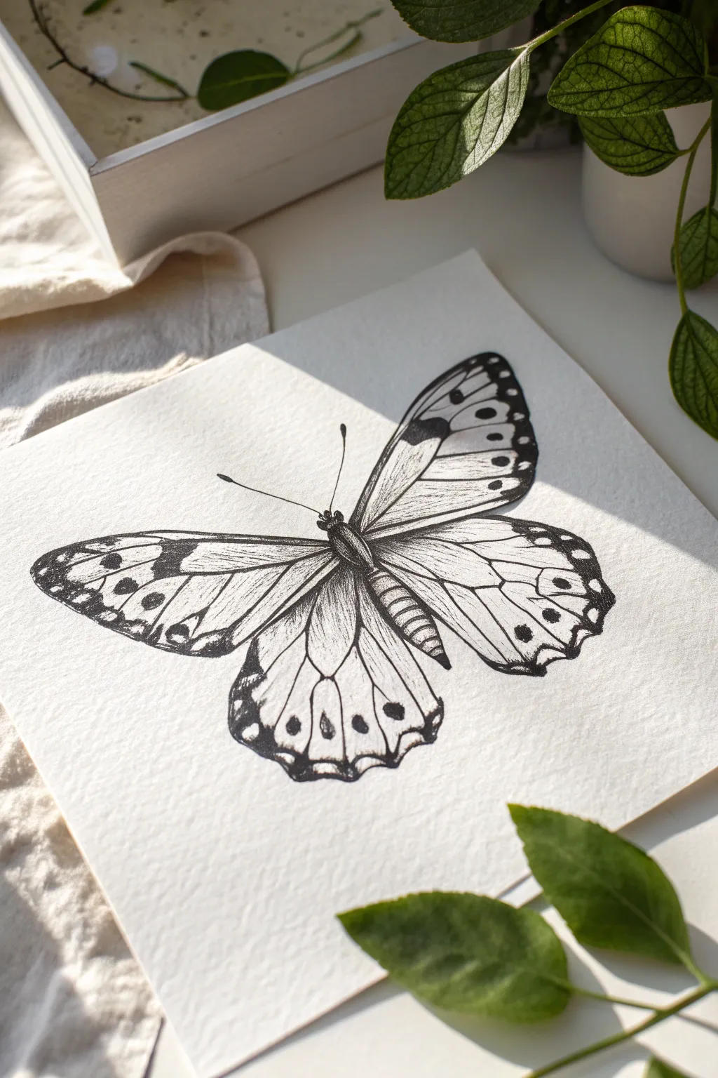 Capture delicate beauty with this intricate butterfly ink sketch, a perfect minimalist seeking drawing idea.