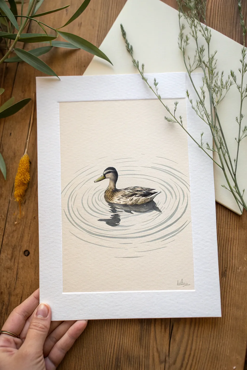 Minimalist duck on rippling water, soft boho neutrals and crisp contrast for drawing inspiration