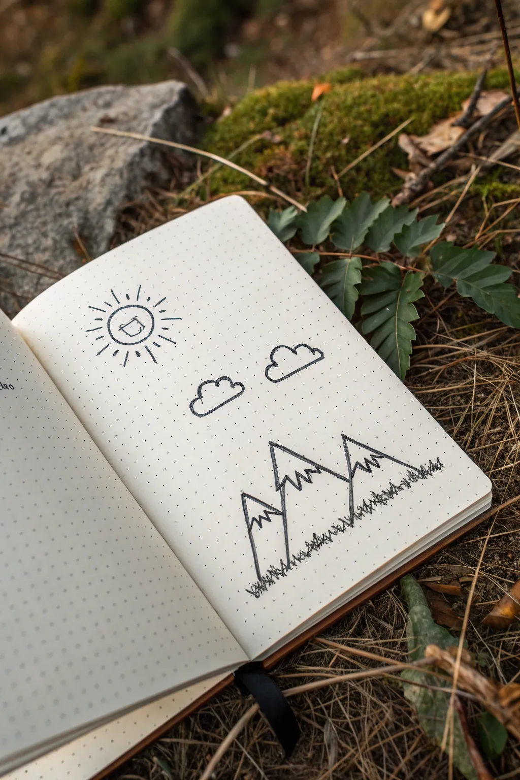 Easy tiny mountain and sun doodle in clean minimalist lines with a soft Scandinavian boho vibe
