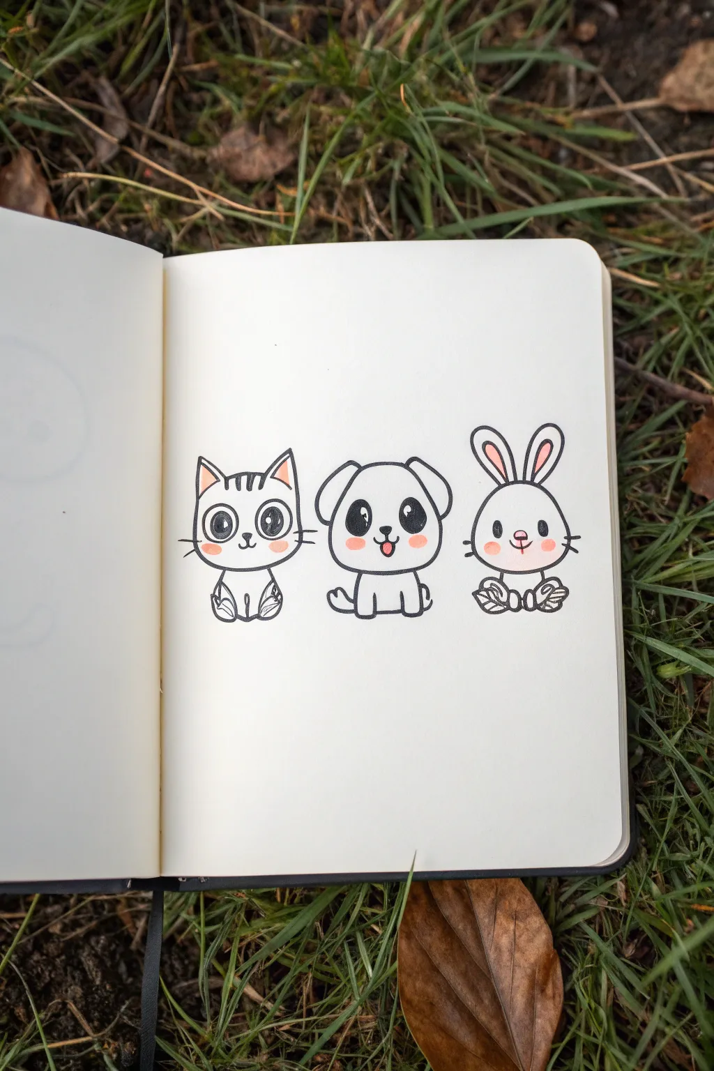 Adorable big-eyed animal doodles in a clean minimalist sketchbook page, ready to copy.