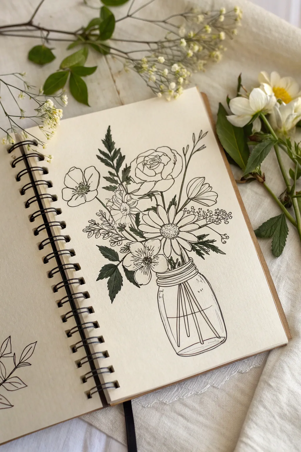 Simple line-layer jar bouquet with playful overlap and light shading, a perfect sketch for age 12.