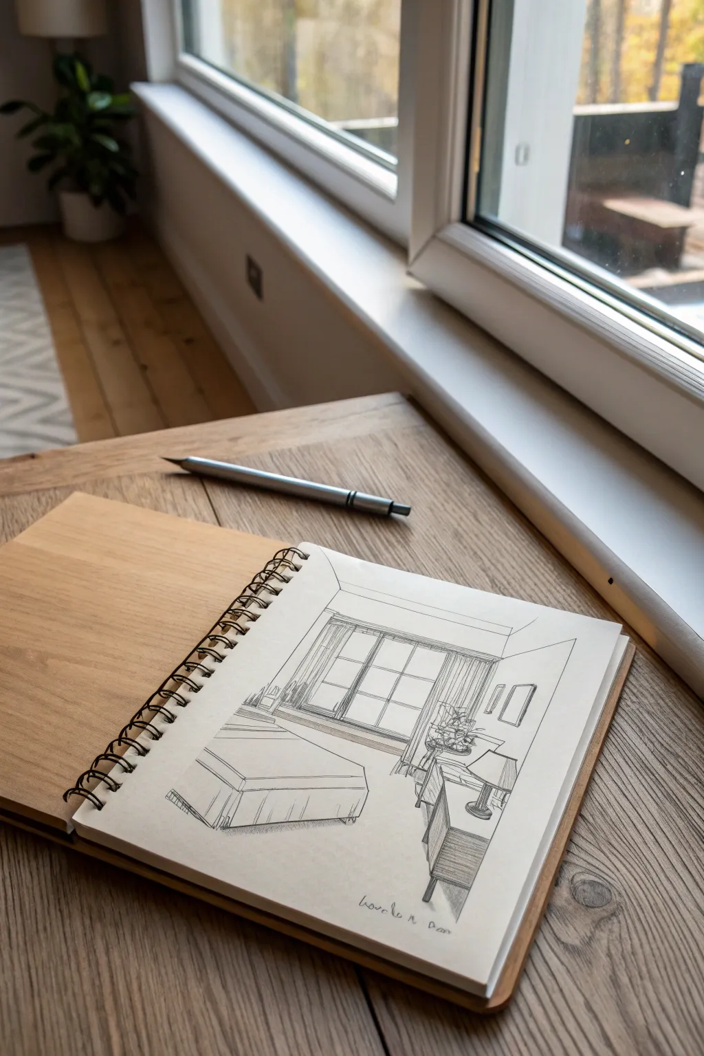 One-point perspective room scene: clean pencil edges, faint ruler lines, and a clear vanishing point.