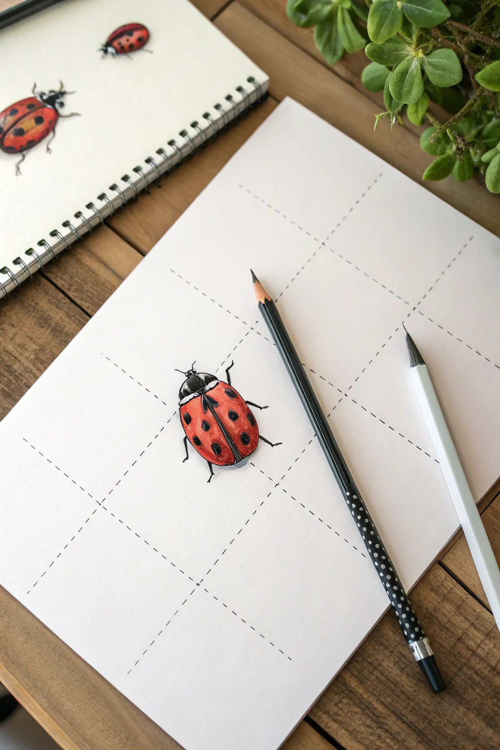 Beginner ladybug drawing in a simple 2x3 step grid, from oval to finished shaded sketch