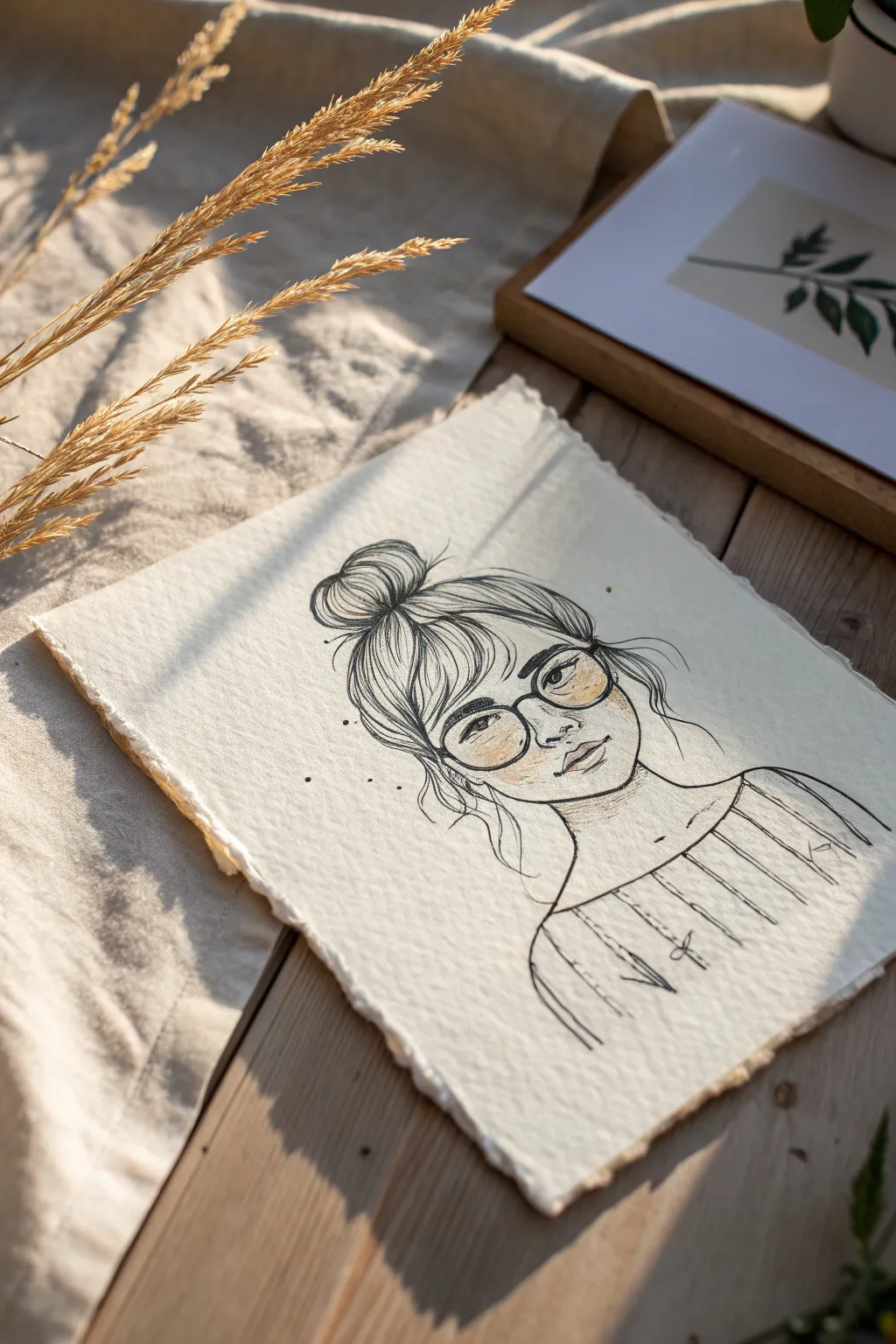 Minimalist ink portrait of a girl with round glasses and a messy bun, crisp and cozy to draw