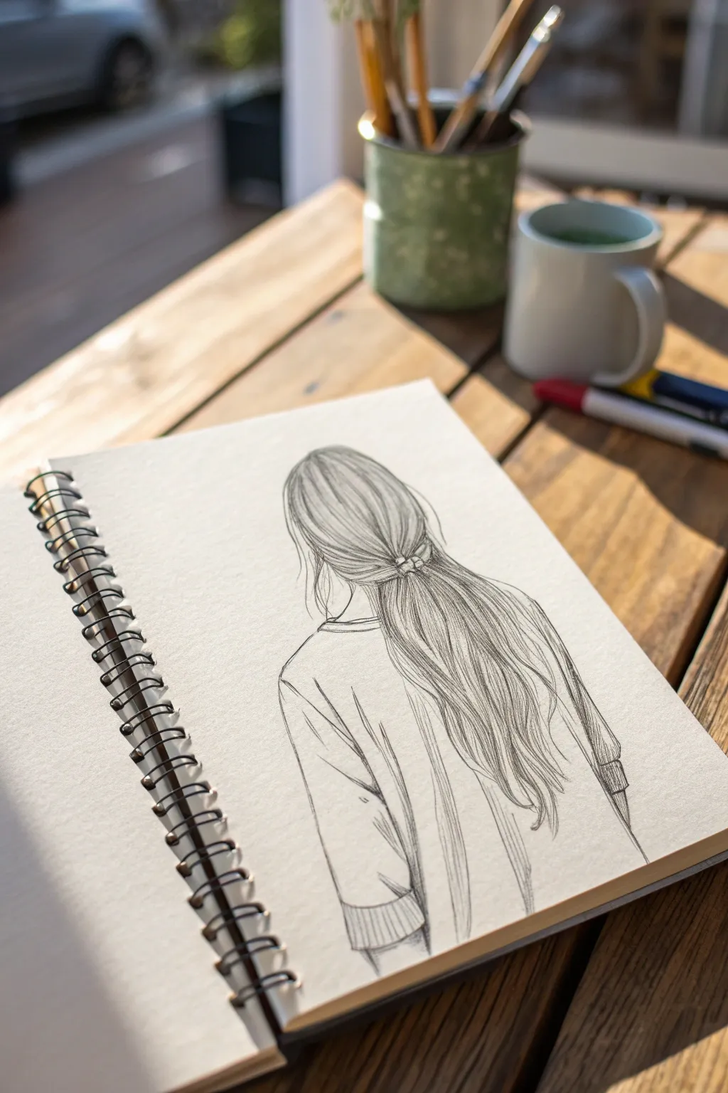 Back-view girl drawing with long flowing hair, minimalist Scandinavian style with a soft boho feel.
