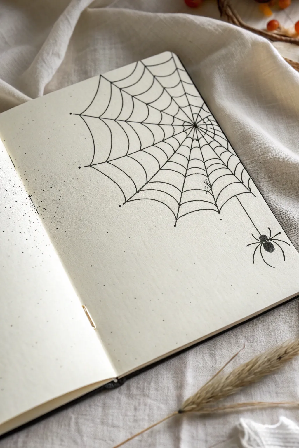 Minimal corner spiderweb sketch with a tiny hanging spider for chic, instant Halloween vibes.