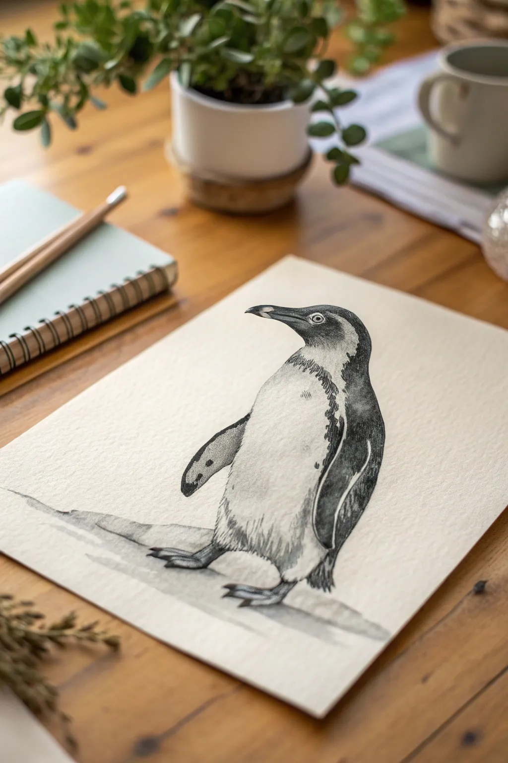 Minimalist penguin side profile with a graceful curved back and clear belly line for drawing practice