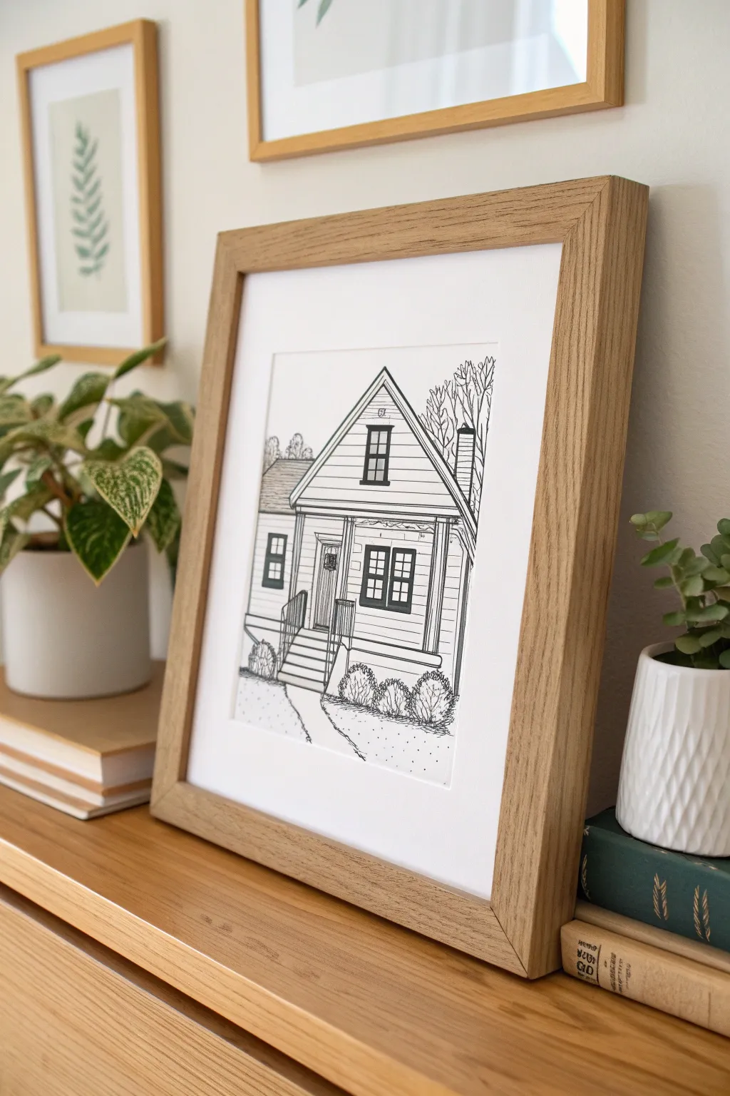 Cozy ink house portrait, framed on a shelf, with extra prints behind for repeat orders.
