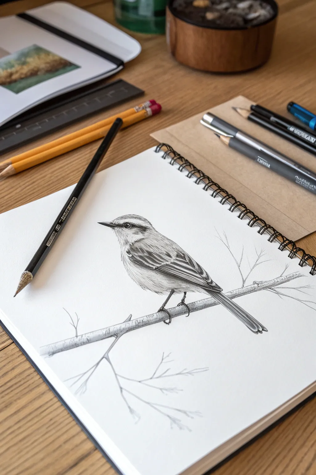 Minimal pencil songbird study with soft graphite shading and crisp feather detail