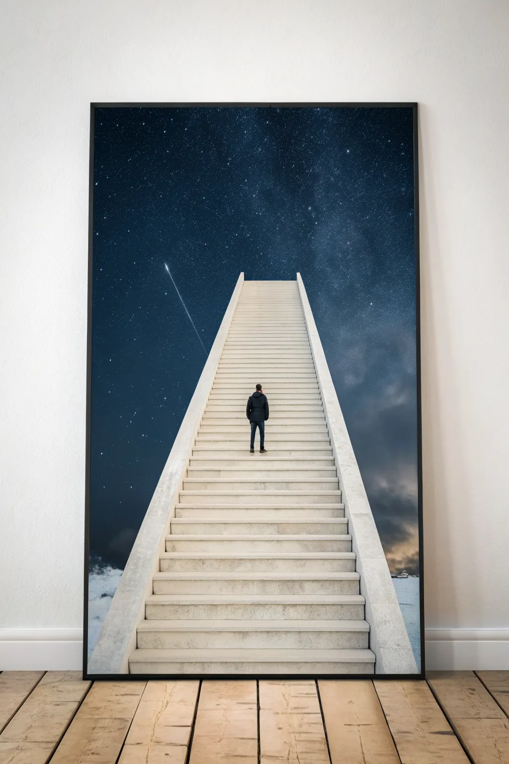 A floating staircase fades into mist, perfect for sketching dreamy journeys with no ending